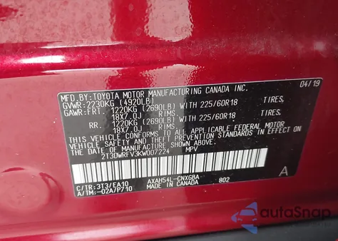 2019 Toyota Rav4 Hybrid Limited из США, поврежденный, VIN 2T3DWRFV3KW007224